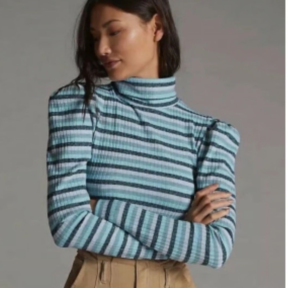 NWT Maeve Anthropologie Blue Striped Ribbed‎ Turtleneck Sweater Puff Sleeve XL